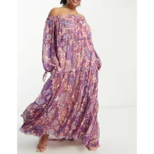 ASOS Design Curve Metallic Off-The-Shoulder Maxi Dress Purple Paisley Size 14